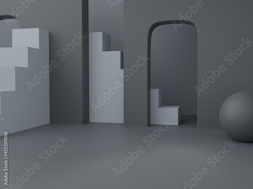 3D Rendering Men's Black, Gray and White Theme Studio Shot Product Display Background with Abstract Platforms and Stairs for Grooming, Toiletry, Skincare and Healthcare Products.