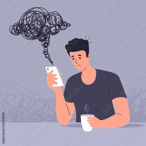 Young man reads bad news on smartphone and is sad. Upset man looking at smartphone screen. The negative influence of social media. Depressed mood. Vector illustration
