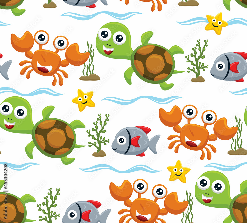 Naklejka premium Seamless pattern vector of funny marine animals cartoon with seaweed