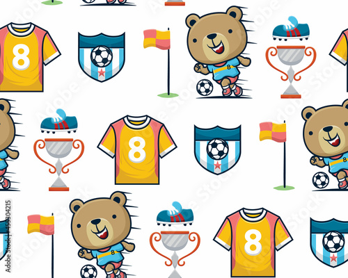 Seamless pattern vector of funny bear playing football with soccer elements