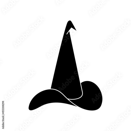 Witch hat vector illustration in simple style. Hand drawn wizard cap for holiday Halloween. Black icon isolated on white background. Scary silhouette magician hat. Accessory for party on Halloween