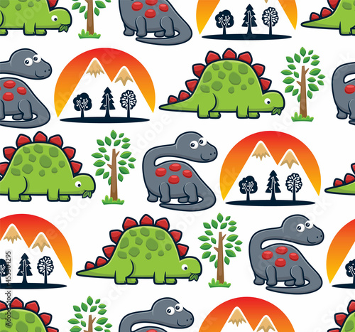 Seamless pattern vector of dinosaurs cartoon with trees and volcanoes