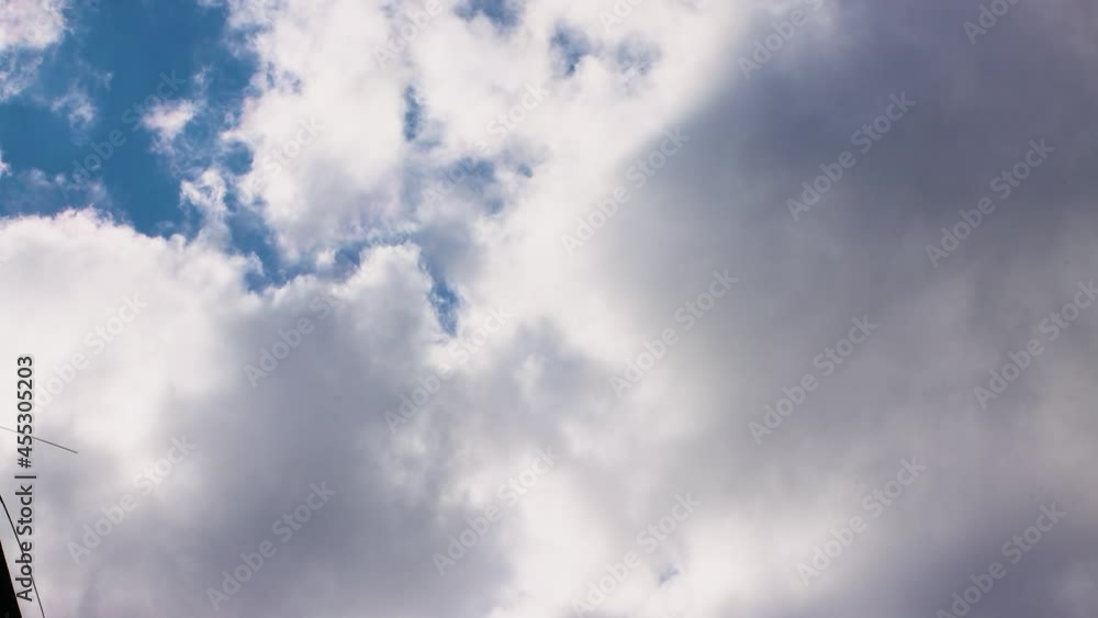 Beautiful wide-angle panorama of the blue sky with white clouds. Time lapse, sunlit daytime sky. Weather, cloudy nature background. Video, footage for screensaver, transition, intro. UHD 4K.