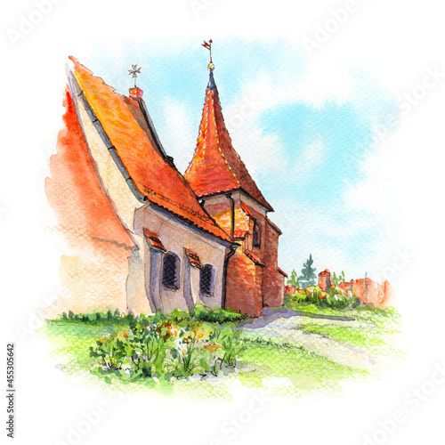 Watercolor sketch of Church of Saint John of Jerusalem outside the walls in Poznan, Poland photo