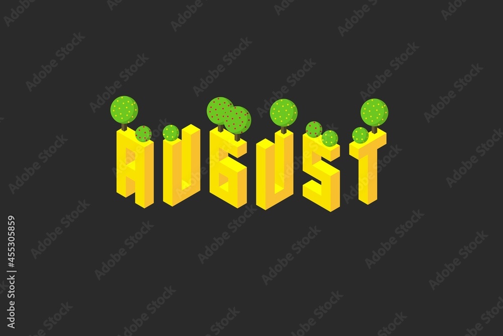 august month summer greeting text. isometric 2.5D seasonal illustration