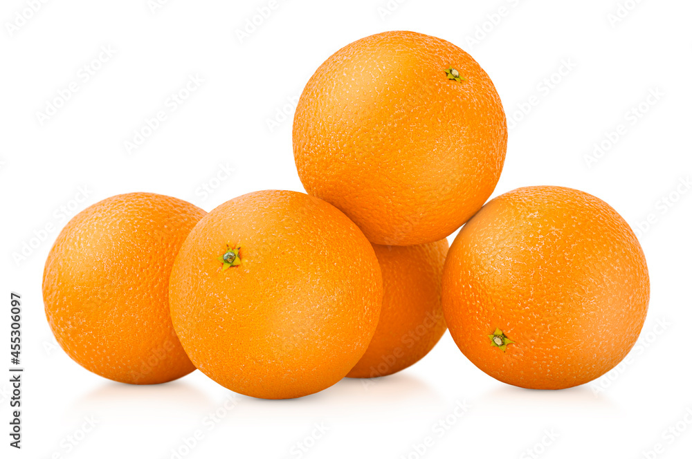 five whole oranges on white isolated background five whole oranges on white isolated background