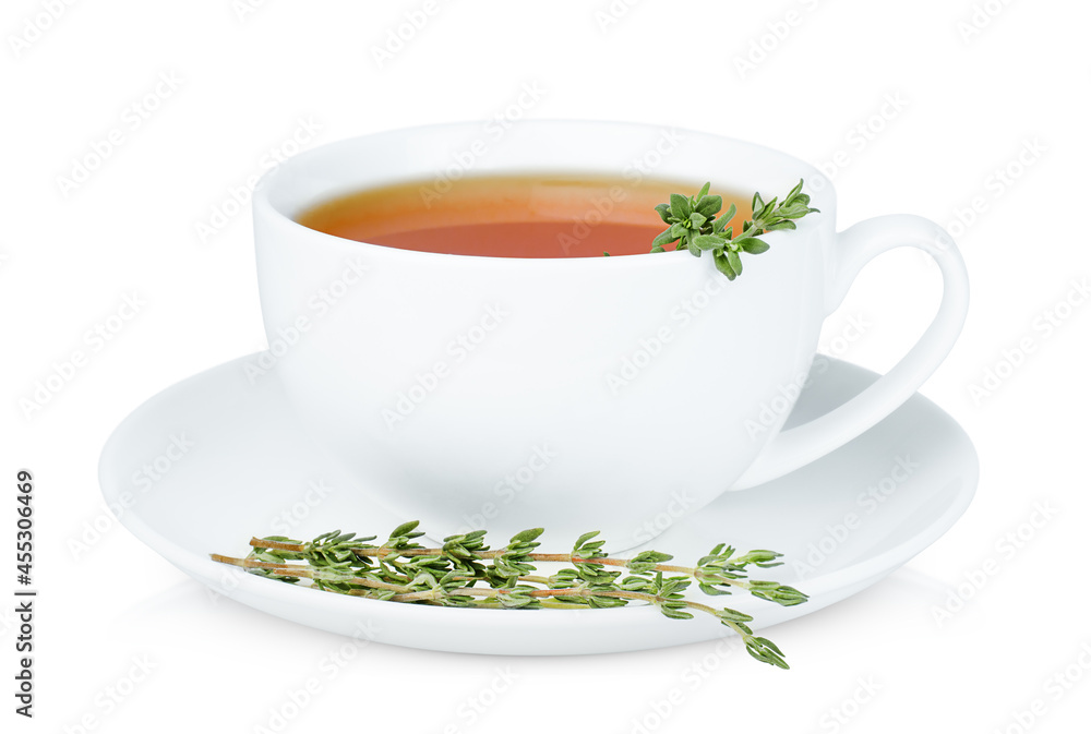 one white cup of tea with fresh thyme sprigs on isolated white background one white cup of tea with fresh thyme sprigs on isolated white background