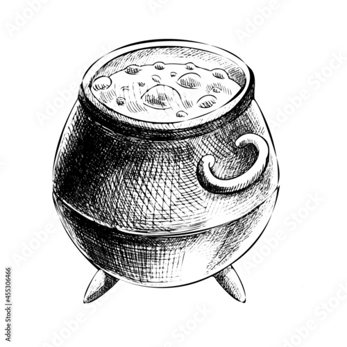 A witch's cauldron with a magic potion. A hand-drawn sketch in a vintage style for Halloween. Stock vector illustration isolated on a white background.