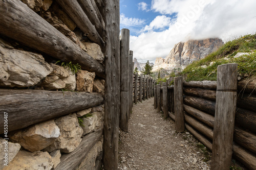 trenches of the First World War on Dolomites mountains. Cinque Torri, Nuvolau, Alps, Northern Italy