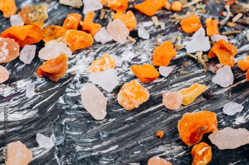 Himalayan pink, sea salt spices, dried carrots fall. Selective focus