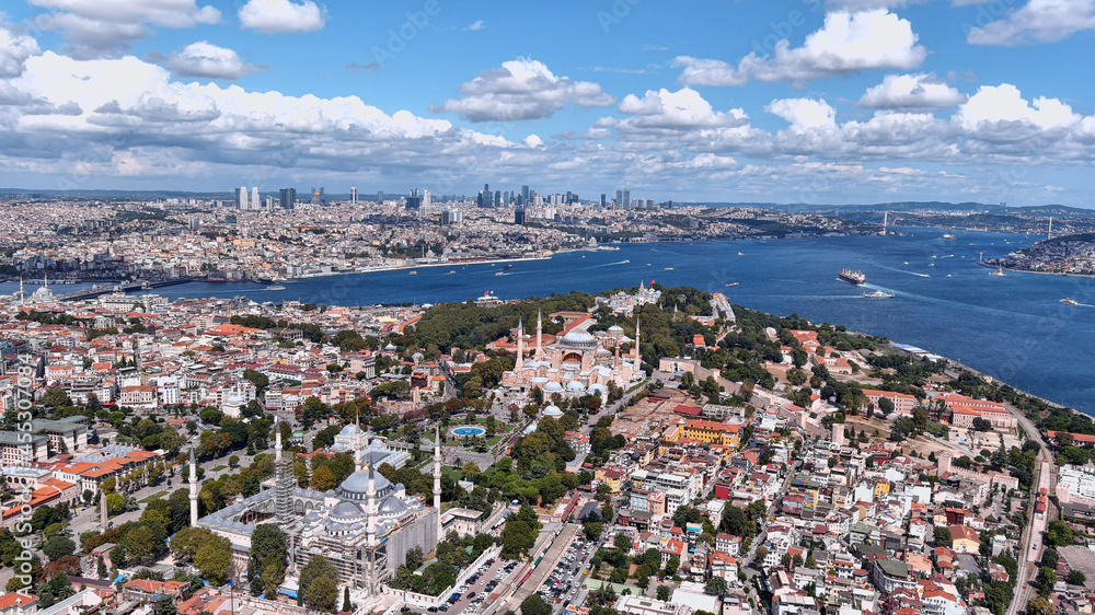 Istanbul Aerial View in Turkey 6K Several landmarks inc famous Hagia Sophia Grand Mosque, The Blue Mosque - Sultan Ahmed, Topkapi Palace Museum, with the beautiful Bosporus cityscape in the background