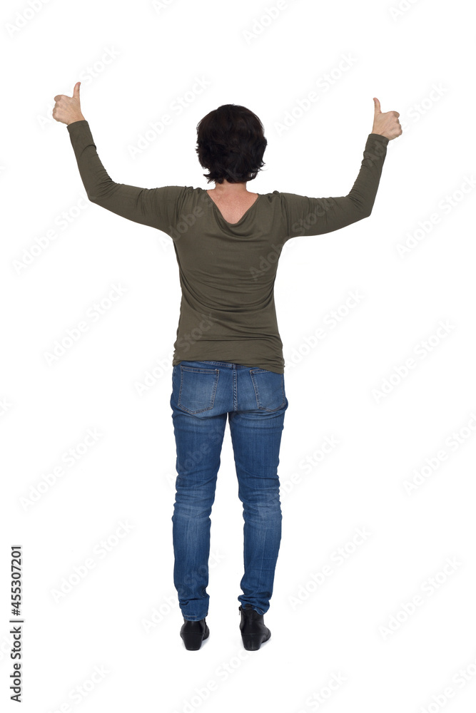 rear view of a woman thumbs up on white background rear view of a woman thumbs up on white background
