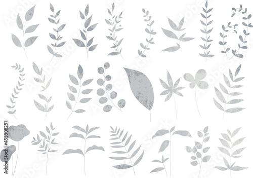 シルバーのリーフ・植物のセット　線画なし　ベクター素材