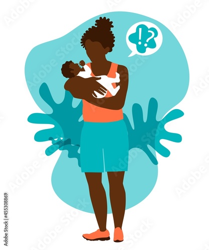 Flat vector illustration with postnatal black woman. Holds a baby in her arms. Mother is in Postpartum Depression. Tired mom stress with child. Childcare problems.