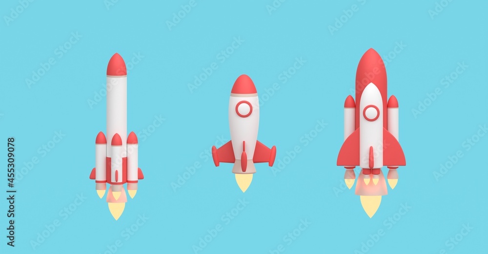 Rocket launch, Cartoon space ship on isolated background, Startup concept , 3D rendering. Rocket launch, Cartoon space ship on isolated background, Startup concept , 3D rendering.
