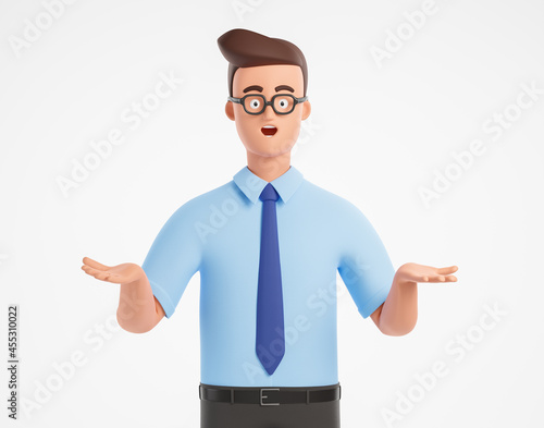 Happy surprised cartoon businessman character in glasses and blue shirt isolated over white background.