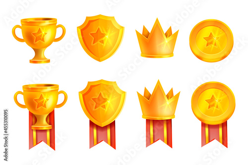Golden winner trophy cup vector icon, game champion prize badge set, shiny goblet, shield, crown. ESport victory reward medal illustration kit, championship achievement symbol. Winner cup, red ribbon