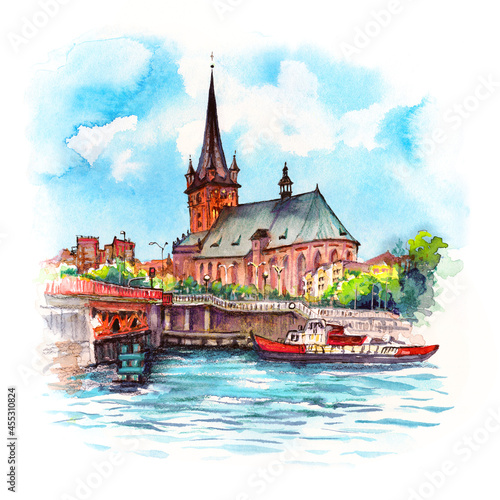 Watercolor sketch of Cathedral in Old Town in Szczecin, Pomerania, Poland