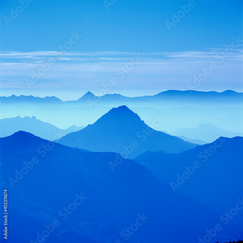 View over the Sierra Nevada mountains in blue light  Andalucia  Spain  Europe