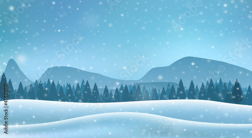 Winter landscape with mountains. Snowy panorama with snowfall. Wide vector background.