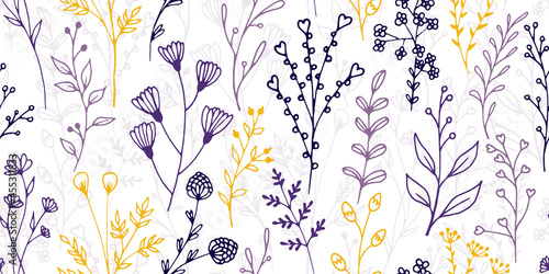 Field flower sprouts organic vector seamless pattern. Cozy herbal textile print. Garden plants foliage and stems wallpaper. Field flower sprigs flat endless design