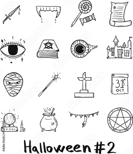 Hand drawn halloween mystical holiday icon set in doodle style