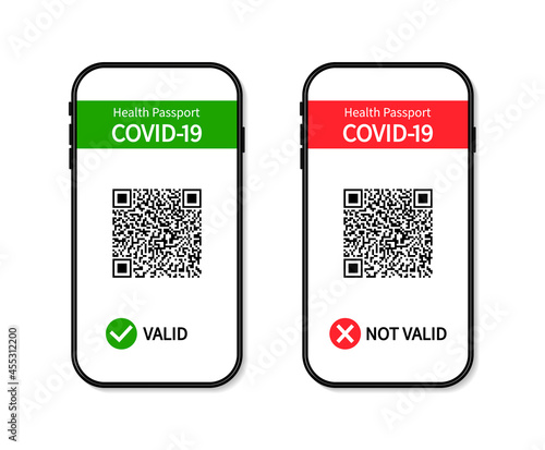 Vaccine certificate in smartphone. Covid passport with green and red pass in screen of phone. App for control of immune. Test of corona virus in health passport. Qr code for travel and safety. Vector