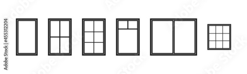 Window frame. Silhouette of window. Outline icon of house, building and facade. Black decorative arch and frame for office, architecture. Closed balcony in wall. Editable exterior isolated. Vector