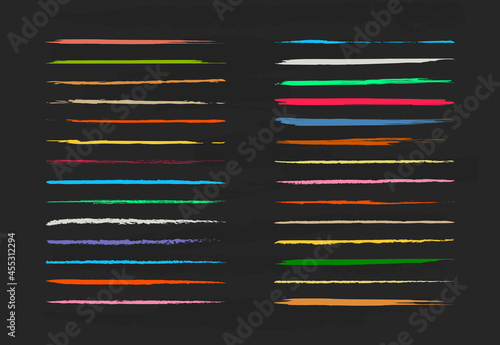 Chalk brush. Crayon line on chalkboard. Color thin brush of chalk, graffiti and paint. Pastel texture for school, college and education. Grunge stroke on blackboard. Design of stripe. Vector