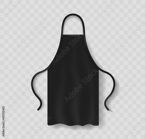 Apron mockup. Apron of uniform for kitchen and cooking. Black uniform for chef and waiter. Realistic clothes mockup for work in restaurant, cafe. Cotton template for cook or barman. Vector