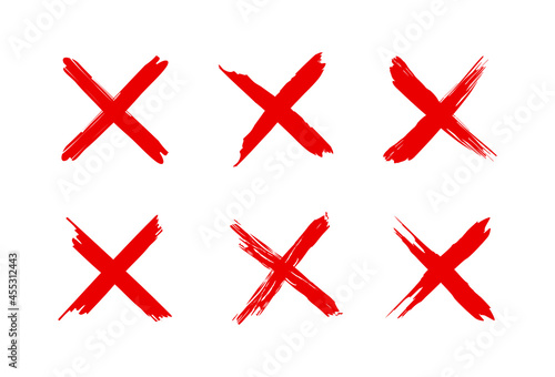 Cross sign. X icon. Red sketch mark. Grunge brush for symbol of wrong, delete, error, cancel and reject. Paint and ink for handwritten. Logo for vote and check. Blood stamp in shape of cross. Vector