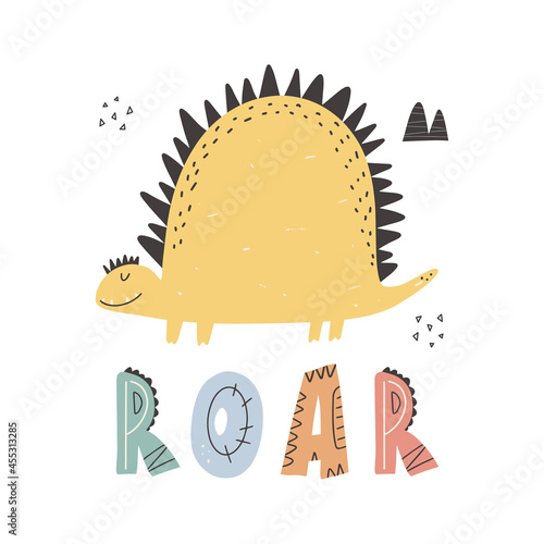 Cute dinosaur.Roar slogan graphic with funny dinosaur cartoons. Vector funny lettering quote with dino hand drawn illustration for greeting card, print, stickers, posters design.