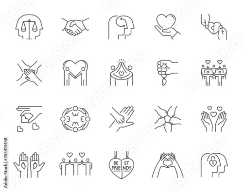 Set of friendship and love related line icons. Contains such icons as mutual understanding, harmony, relationship, handshake, etc. Editable stroke.
