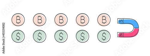 Money and a magnet. Magnet attracting money. Dollars and Bitcoins. Vector illustration