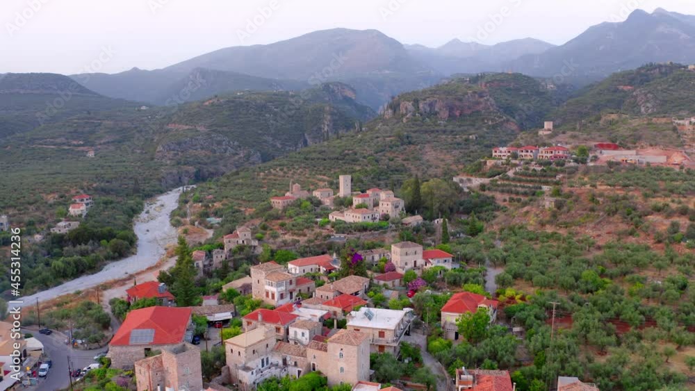 4k drone forward video (Ultra High Definition) of Troupakis-Mourtzinos Fortress. Wonderful evening cityscape of Kardamyli town, municipality of Lefktro in region of Messenia on Mani Peninsula, Greece. 4k drone forward video (Ultra High Definition) of Troupakis-Mourtzinos Fortress. Wonderful evening cityscape of Kardamyli town, municipality of Lefktro in region of Messenia on Mani Peninsula, Greece.