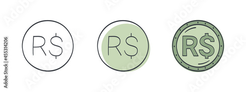 Icons of the Brazilian real. Painted symbol of the Real. Signs of the currencies of the world. Vector illustration