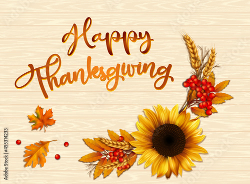 Vector autumn background with sunflower and wheat. Happy Thanksgiving.