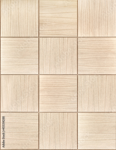 Wooden wall panel made of oak veneered MDF with chess pattern as background for design and decor