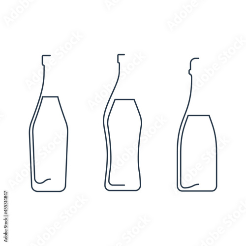 Bottle continuous line champagne, martini and vermouth in linear style on white background. Solid black thin outline. Modern flat style graphic design. Logo element illustration. Contour drink symbol