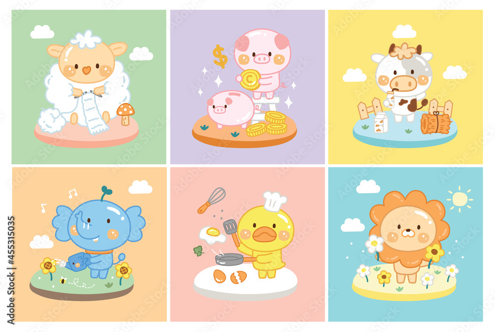 set cute animals.water the plants, cooking fried egg, drinking milk, knitting a scarf, drop money in the piggy bank. set cute animals.water the plants, cooking fried egg, drinking milk, knitting a scarf, drop money in the piggy bank.