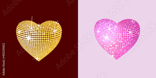 Gold and pink color shiny sparkling heart set of 2. Vector illustration