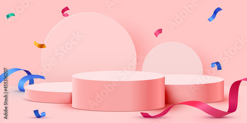 Abstract scene background. Cylinder podium background with confetti and ribbons. Product presentation, mock up, show cosmetic product, Podium, stage pedestal or platform.