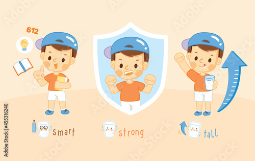 The both boy measuring their height.Boy drinking milk taller than another boy. compare, tall and short,Growth up