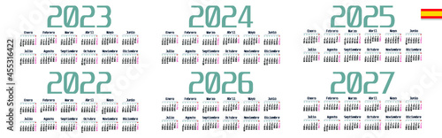 Spanish calendar 2022, 2023, 2024, 2025, 2026, 2027 on white background, week starts on Monday