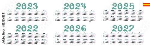 Spanish calendar 2022, 2023, 2024, 2025, 2026, 2027 on white background, week starts on Monday