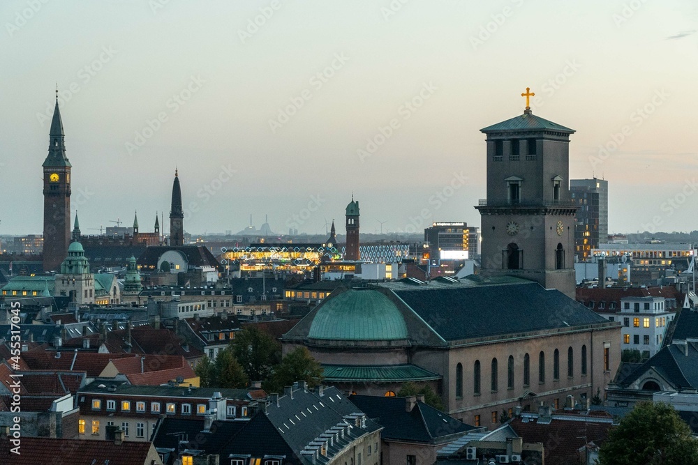 Copenhague, Denmark. September 27, 2019: Sunset in the city with panoramic landscape and architecture.