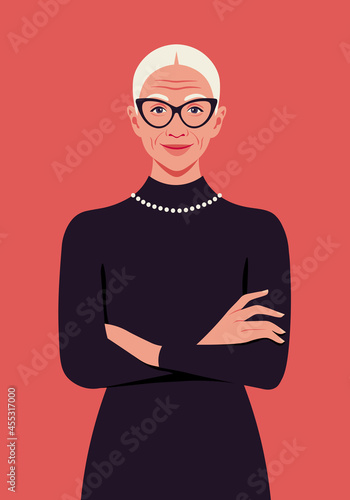Portrait of an elderly fashionable woman with crossed arms. Professions. Vector flat illustration.
