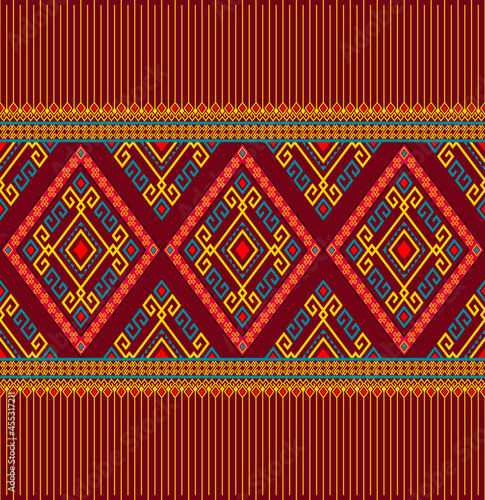 Yellow Green Ethnic or Native Seamless Pattern on Red Background in Symmetry Rhombus Geometric Bohemian Style for Clothing or Apparel,Embroidery,Fabric,Package Design