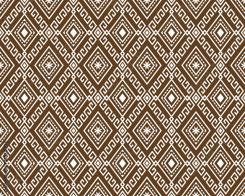 White Tribe or Ethnic Seamless Pattern on Brown Background in Symmetry Rhombus Geometric Bohemian Style for Clothing or Apparel,Embroidery,Fabric,Package Design