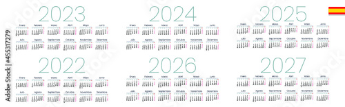 Spanish calendar 2022, 2023, 2024, 2025, 2026, 2027 on white background, week starts on Monday